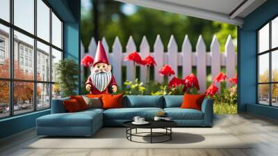 Statue of a gnome with a red hat standing in a lush garden with flowers lawn and a white picket fence in the background featuring copy space image Wall mural