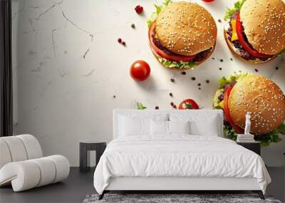 Tasty fresh burgers on a white table. Copy space image. Place for adding text and design Wall mural