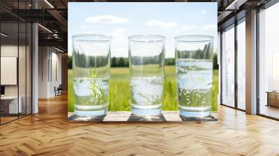 Three clear plastic glasses of sweetened water arranged on a grassy prairie with a vast open background suitable as a copy space image Wall mural