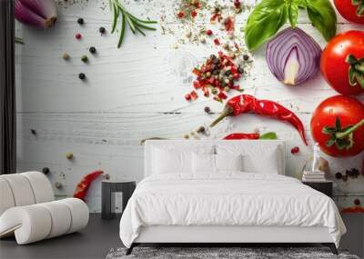 Top down view of various vibrant ingredients like pepper seeds chili tomatoes blue onion basil and rosemary on a white wooden surface Italian seasonings with room for a copy space image Wall mural