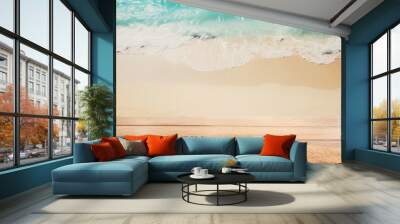 Top view copy space image of the sea against a light wooden background with sand Wall mural