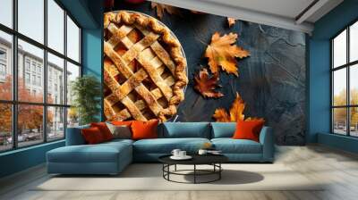 Top view of a homemade autumn apple pie a traditional dessert for Thanksgiving with copy space image Wall mural