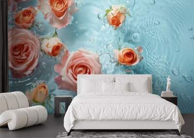 Top view of lovely roses floating in water on a light blue backdrop with room for text in the copy space image Wall mural