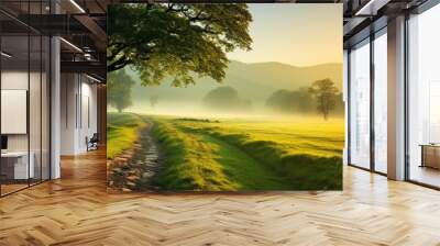 Tranquil rural summer landscape with green trees and a dirt road at sunrise. Charming scenery featuring blooming trees and plants in the sunny spring morning with copy space image. Wall mural