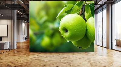 Two green apples with water droplets on tree Wall mural