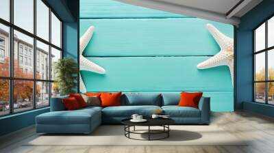 Two starfish on turquoise wood Wall mural