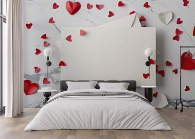 Valentine s Day or wedding mockup setting featuring a blank card confetti made of paper hearts and space for your text viewed from above. Copy space image. Place for adding text and design Wall mural