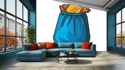 Vector of a flat icon of a blue trash bag with a yellow piece of paper inside Wall mural