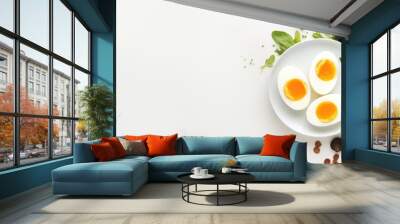 Vegetable and egg diet menu served on a white plate isolated on a isolated pastel background Copy space Wall mural