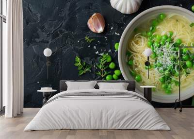 vegetable soup with green peas and small thin pasta vermicelli Menu concept Food background Top view copy space for text Keto or paleo diet Wall mural