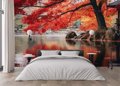 Vivid autumn scene with Maple leaves in yellow, orange, and red hues. Rich colors of fall foliage creating a picturesque setting with copy space image. Wall mural