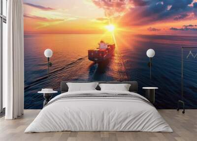 Wide angle view of a cargo ship at sunrise on the ocean with copy space image Wall mural