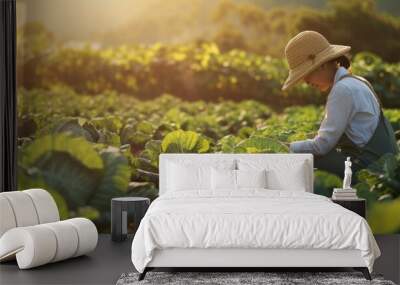 Woman farmer agronomist inspecting cabbage crops growing in the farm field Vegetable farming Sustainable ecological grow Examining young crops quality monitoring Organic fresh agricultural prod Wall mural