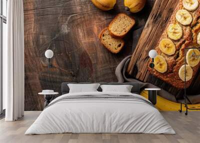 Wooden board with delicious banana bread on the table. Copy space image. Place for adding text and design Wall mural