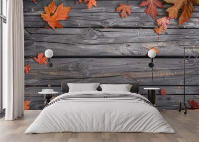 Wooden floor with maple leaves offering a copy space image for adding text Wall mural