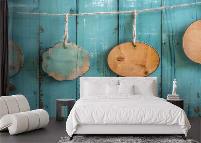 Wooden speech bubbles hanging on a string against a vintage background with copy space image Wall mural