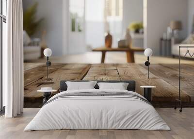 Wooden table with empty space for displaying items in a lovely blurred living room setting to fit a copy space image Wall mural