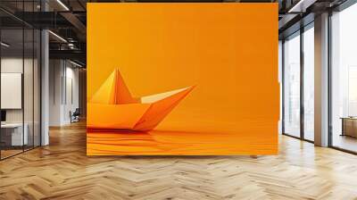 Yellow paper boat with Portfolio Management as a symbol set against a vivid orange backdrop illustrating the concept with space for text or images. Copy space image. Place for adding text and design Wall mural