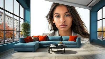 Young mixed race businesswoman isolated against a white background puffs out her cheeks and displays a tired expression This relates to the concept of facial expression. Copy space image Wall mural