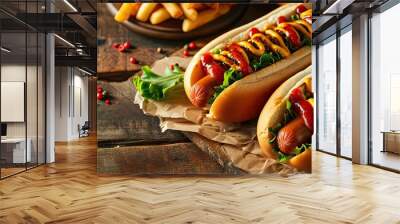 Yummy Hot dog party time good food. Copy space image. Place for adding text Wall mural