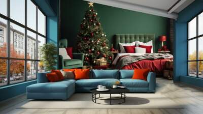 christmas bedroom interior with redgreen colors with a christmas tree ai generated Wall mural