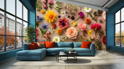 Flowers composition. Flat lay, top view. Floral background Wall mural