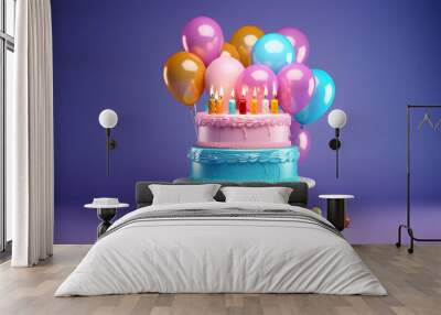 Happy birthday cake with colorful balloons decoration. Birthday card Wall mural