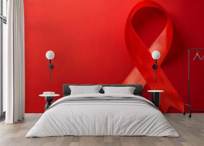 red ribbon hiv world aids day awareness ribbon and the text on red background healthcare and medicine Wall mural