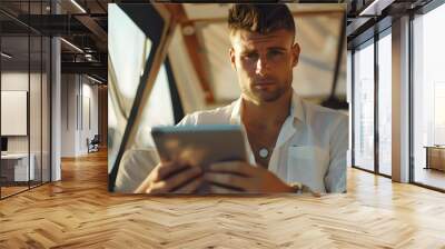 Serious and peaceful guy sits on board of yacht. Handsome man holds and looks at tablet Wall mural