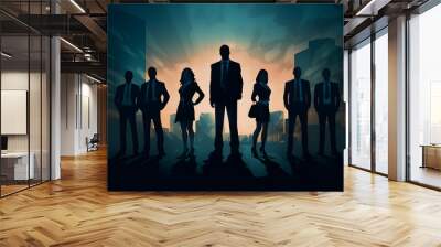 Silhouettes of business people against orange background with vignette Wall mural