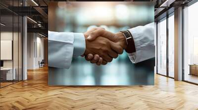 Two medical professionals shaking hands, symbolizing a successful healthcare partnership. Wall mural