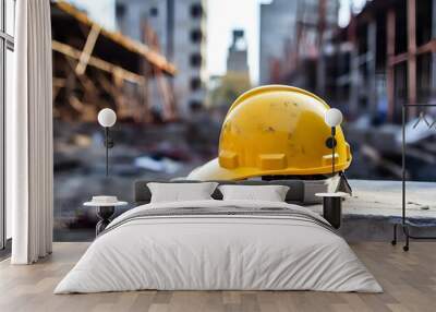 Yellow and white helmet safety in construction site Wall mural