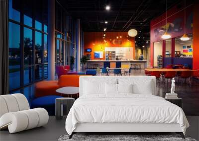 A co-working space with colorful modern furniture and bright lighting Wall mural