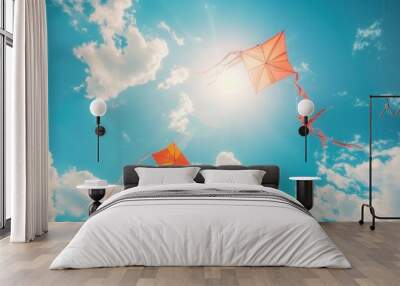 Kites with tails in bright summer skies Wall mural