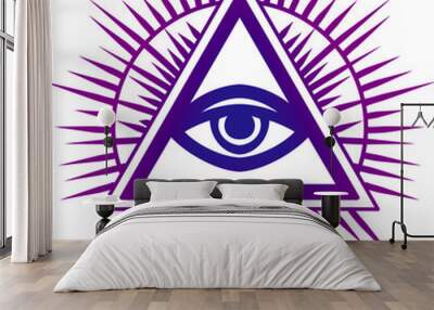 Occult providence eye magical esoteric religion sign in pyramid, tattoo design with mason pyramid. Vector eyesight and vision symbol, sacred magical eye Wall mural