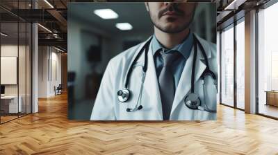 A medical professional doctor with a stethoscope in hand, framed against a hospital background, represents the essence of healthcare and medical expertise. Wall mural