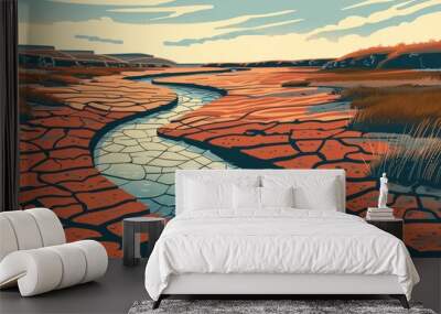 Abstract arid landscape with winding river Wall mural