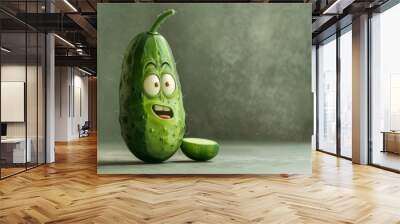 Animated cucumber character with expressive face Wall mural