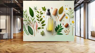 Bottle with natural organic essential oil made of herbs and citrus. Complementary medicine. Concept set of Aromatherapy, harmony, balance and meditation, spa, relax, beauty spa treatment. Wall mural