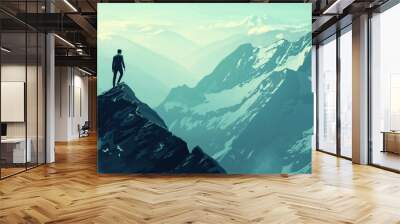 Businessman in a sleek suit conquers a challenging mountain peak, symbolizing determination, ambition, and the relentless pursuit of success amidst adversity Wall mural