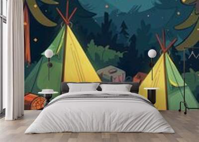 Camping scene with tents set up around a campfire, surrounded by hiking backpacks and gear. The setting creates a warm and inviting atmosphere, perfect for outdoor adventures. Wall mural