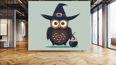 Cartoon owl in witch hat with cauldron Wall mural