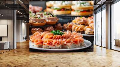 Catering table with various creative and delicious food: canape, snacks and appetizers. Catering plate. Assortment of sandwiches and tartlets on the buffet table. Meat, fish, vegetable canapes. Wall mural