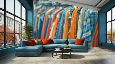 Colorful clothing rack displaying fashion collection with various patterns in retail store Wall mural