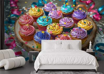 Colorful festive cupcakes with sprinkles and ribbons Wall mural