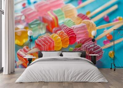 Colorful gummy candy skewers on blue wooden table Wall mural