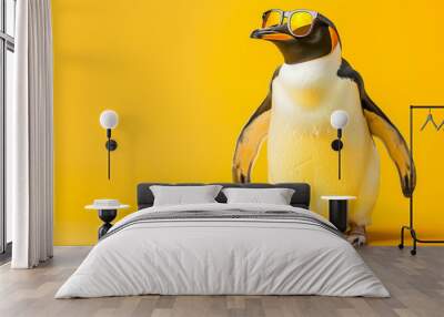 Cool penguin wearing sunglasses on yellow background Wall mural