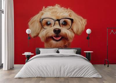 Cute funny dog wearing glasses, set against a solid color background. Intellectual look, perfect for pet-themed designs and concepts. Wall mural