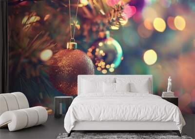 Festive christmas ornament on tree with colorful lights Wall mural