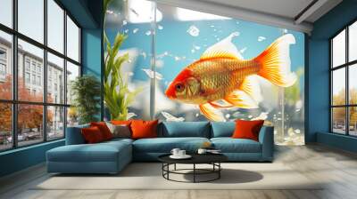 Goldfish swims in small aquarium with aquatic plants Wall mural